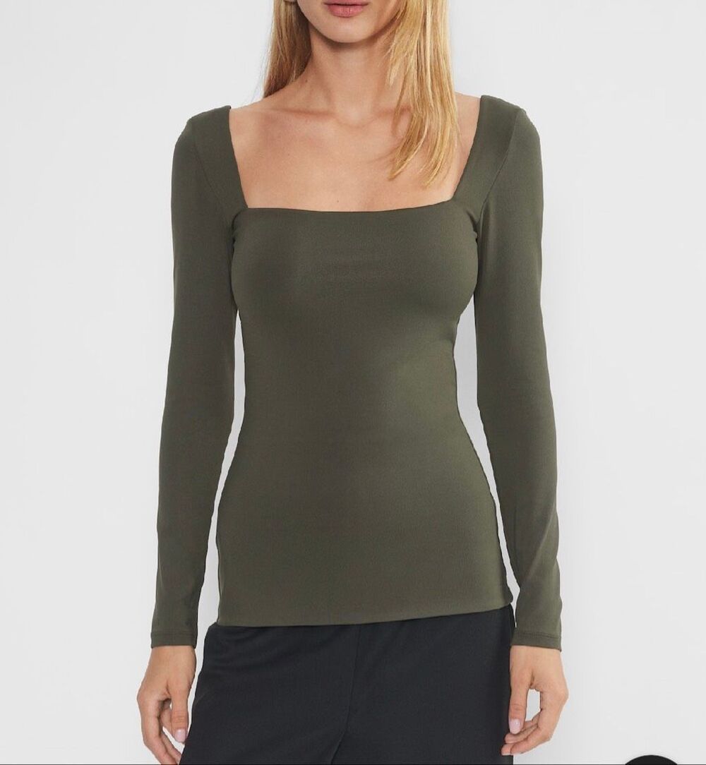 Aritzia Women's Square Neck Fitted Stretch Long Sleeve Top Olive Green M NEW